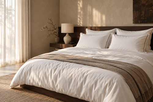 白いベッドリネンと落ち着いた家具を合わせた寝室